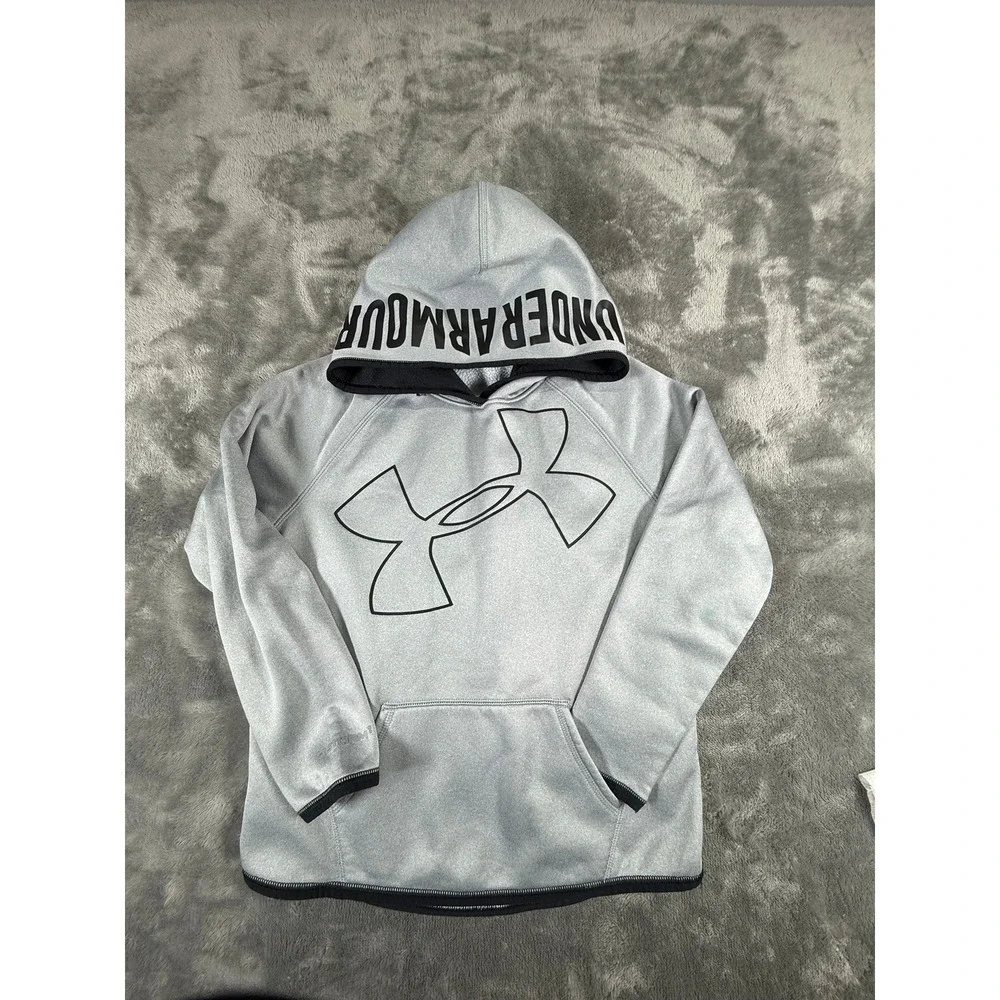 Under Armour Gray Hoodie Coldgear Loose Fit Logo Big Logo Boys Youth Medium M - Picture 2 of 10